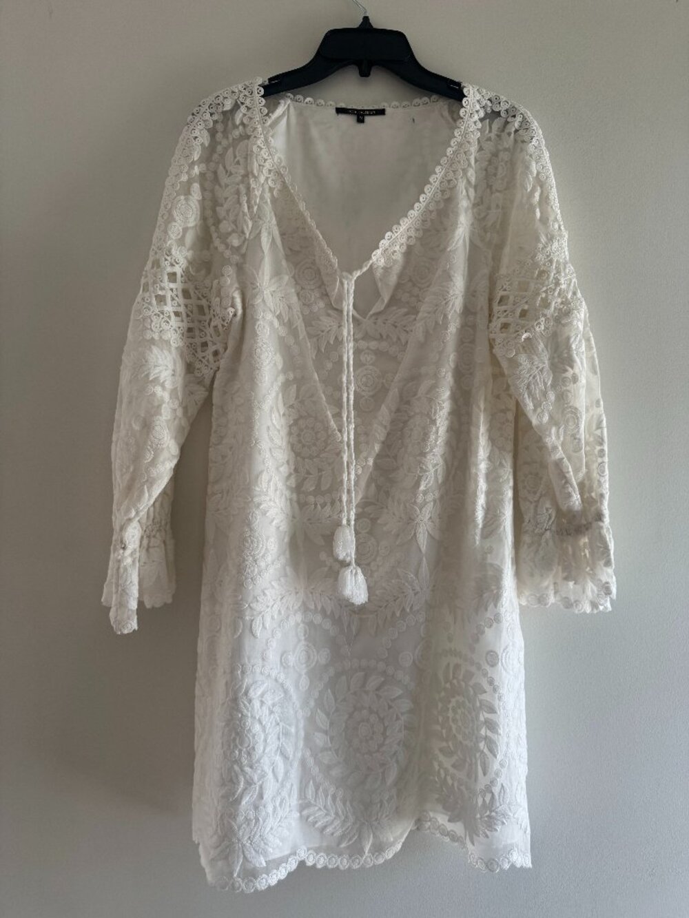 Kobi Halperin Starla Ivory Embroidered Lace Shift Dress Bell Sleeves Size M
